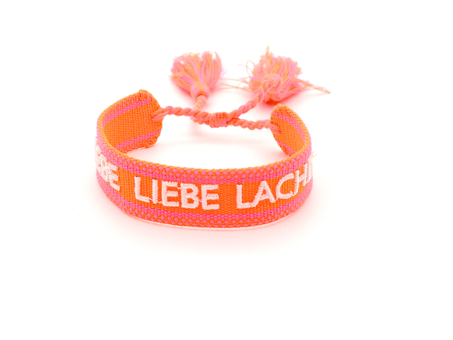 Stoffarmband edel gewebt im Boho Style "Lebe Liebe Lache"